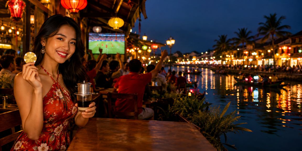 Nhóm bạn tại Hội An thưởng thức cà phê và theo dõi kèo bóng đá buổi tối
